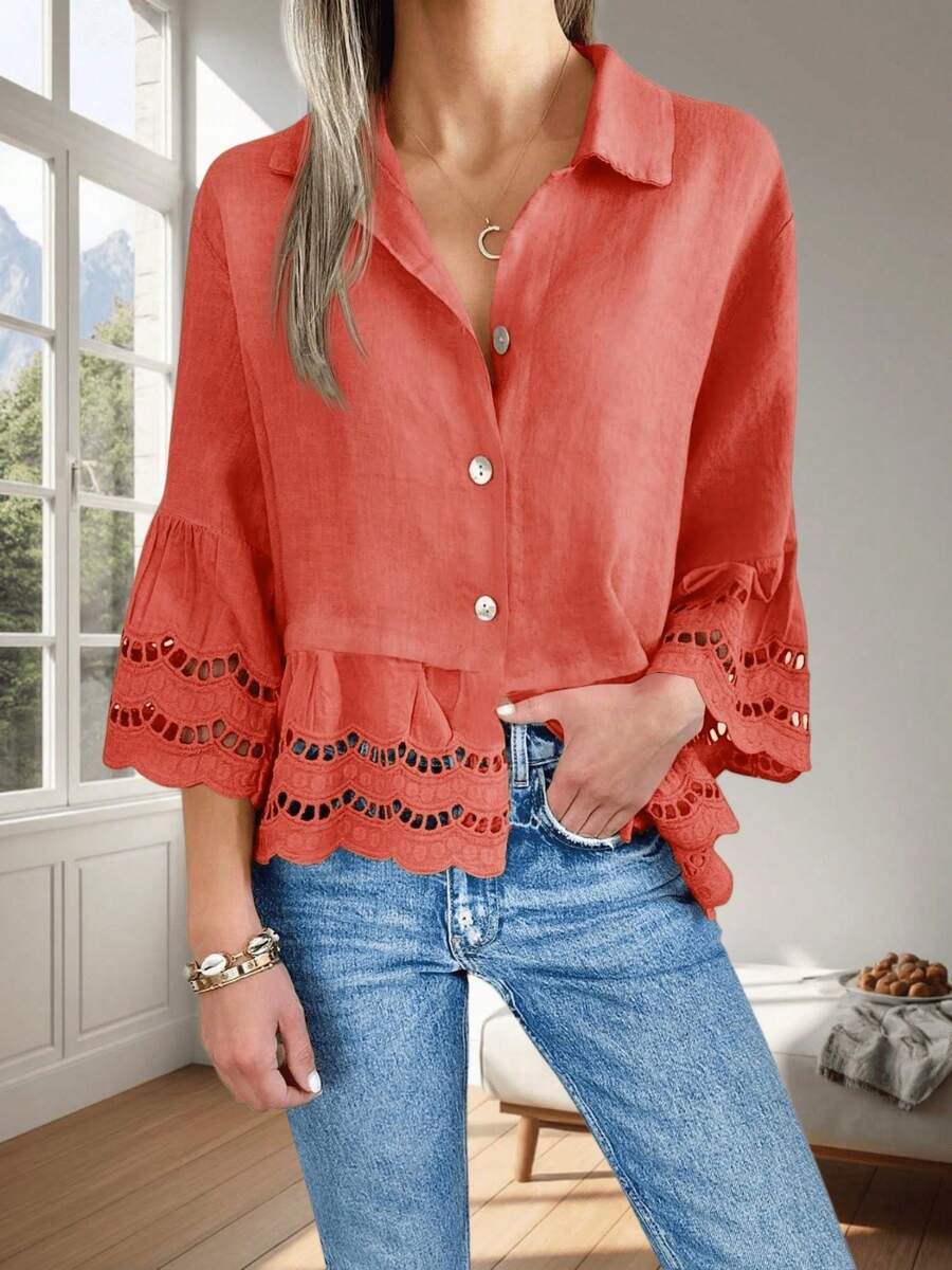 Womens 3/4 Bell Sleeve Button Down Shirts Casual Ruffle Hem Tops Eyelet Blouse - trái cam - Xem 1