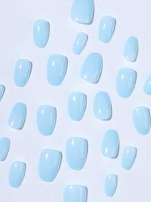 Instantly Upgrade Your Look! This 24pcs Set Of Black Oval Short Glossy Color Press-On Nail Strips, Paired With Macaron Candy Color Acrylic Nails, Includes 1pc Gel And 1pc Nail File, Suitable Women And Girls Daily Work, Study And Party Use. - 淺藍色 - 查看 9