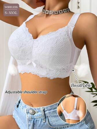 1pc White Lace Women's Wireless Bra, Large Bust Slimming, Lightweight Breathable Quick-Drying With Lift And Side Shaping, Adjustable 4-Hook Closure, Suitable For Bridal, Kawaii