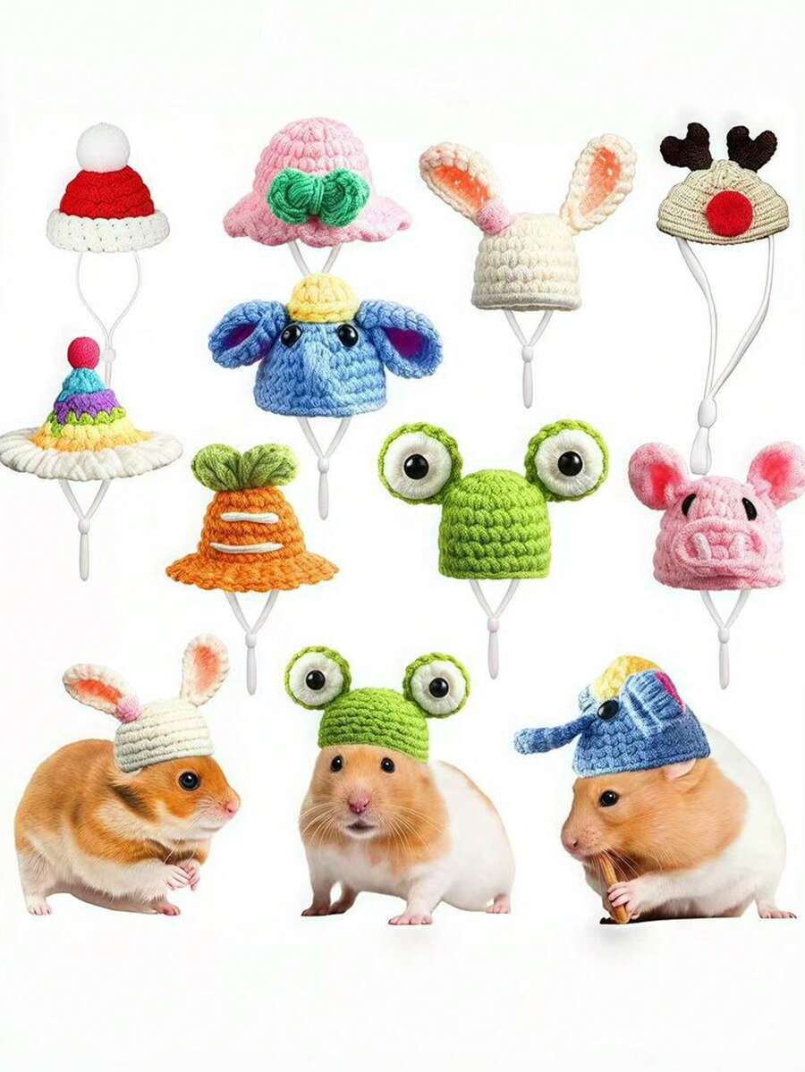 小型宠物针织帽，仓鼠专用小帽子，宠物仓鼠服装帽子，圣诞草帽可调节泰迪仓鼠头饰，泰迪仓鼠服装鹦鹉头饰，玄凤鹦鹉，豚鼠配饰
