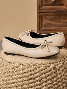 MonaNise Damen Mode Quadratische Zehenkappe Flache Schuhe mit Schleife in Apricot, Schwarz & Weiß Outdoor Lässig High-End Khaki vielseitige Ballerinas - Aprikosenfarben - Übersicht 4