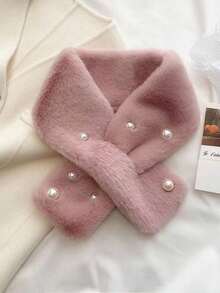 1件装女士保暖毛绒交叉珍珠加厚多功能围脖，冬季连衣裙适用