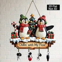 2D Flat Penguin Christmas Tree Key Hook With 4 Metal Hooks - Ideal For Holiday Wooden Wall And Porch Decor, Multipurpose Home And Villa Decoration, Making It An Excellent Choice For Christmas Gifts And Holiday Celebrations, Christmas Decor, Home Christmas Decoration, 2D Flat Design, No Electricity Required.