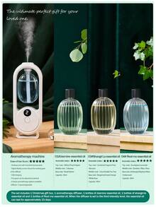 Un diffuseur d'arômes intelligent blanc, diffuseur d'huiles essentielles pour la maison au design minimaliste et moderne, avec 5 modes de fonctionnement et un éclairage ambiant romantique et coloré. Rechargeable par USB. Disponible avec un choix de sets d'huiles essentielles parfumées de 1 ou 3 bouteilles. Convient pour les chambres à coucher, les salons, les bureaux, les pièces pour animaux de compagnie et la désodorisation de la salle de bain. Également idéal comme décoration de fête, décoration d'intérieur ou cadeau de Noël.