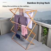 Tendedero de bambú desmontable, plegable y con toallero. Resistente, ideal para uso en interiores y exteriores. Multiusos (plegado). - Naranja - Ver 3