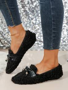 女士一脚蹬休闲运动平底鞋，时尚百搭舒适黑色蝴蝶结鞋，纯色绒面平底户外鞋，学院风 - 黑色 - 查看 4