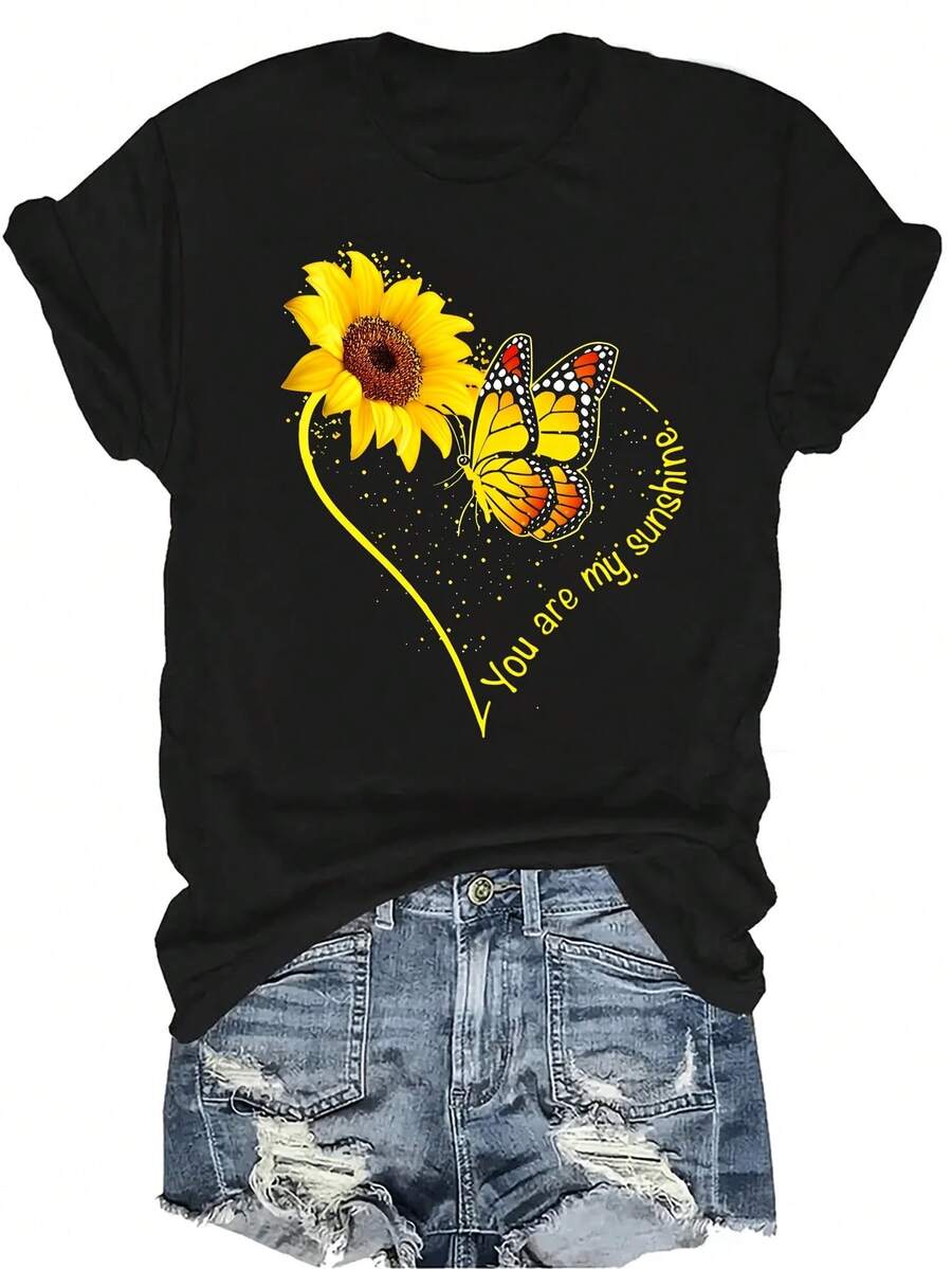 [Camiseta de Moda Casual] Camiseta de Mujer Suave y Cómoda - Parte Superior de Manga Corta con Cuello Redondo, Casual con Diseño de Girasol y Mariposa, Regalo Perfecto para Abuela y Mamá, Uso Casual en Primavera y Verano - Negro - Ver 1