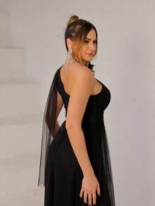 Long One-Shoulder Dress With Glittery Flower - Black - View 6