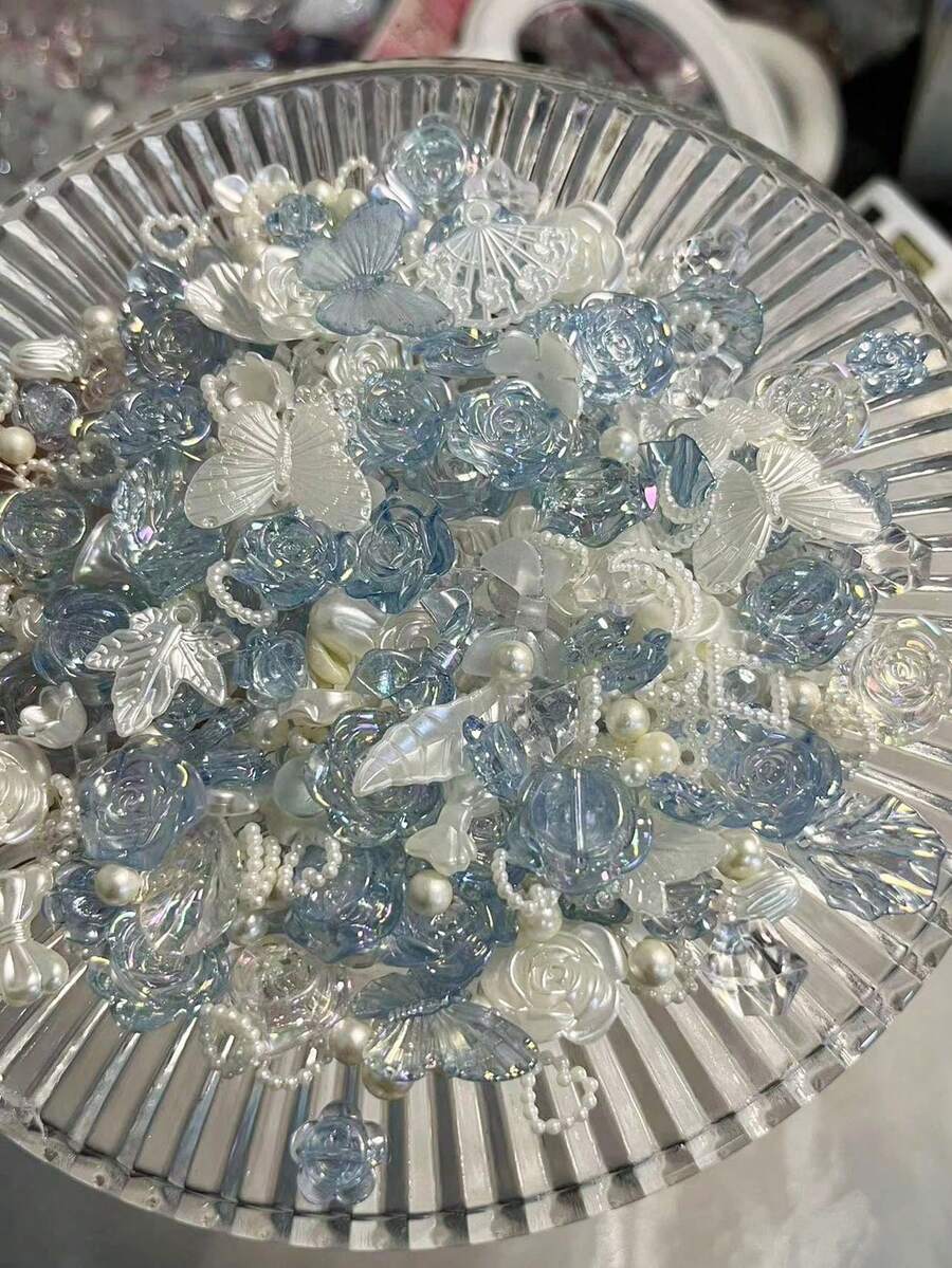 Approx. 80pcs/70g Aurora Blue Mixed Rose Imitation ABS Pearl Crushed Ice Material Mixed DIY Bracelet, Phone Case, Necklace Jewelry, Handmade Gift For Friends, Multi-Purpose Jewelry Accessories With Hole