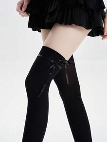 1 双亲肤透气时尚百搭甜美蝴蝶结蕾丝过膝袜，Y2k - 彩色 - 查看 9