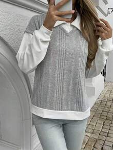 Women's Patchwork Turndown Collar Ribbed 2 In 1 Casual Loose Sweatshirt - Grey - View 5