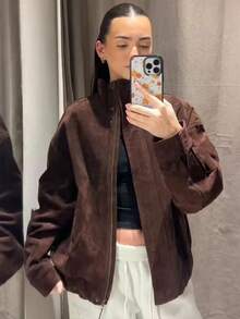 时尚仿麂皮立领夹克女式宽松长袖口袋拉链外套女式春季休闲街头风新款夹克外套 - 巧克力棕 - 查看 2