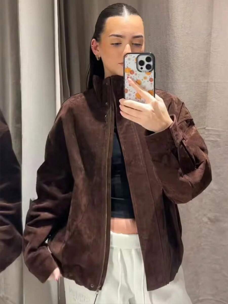 时尚仿麂皮立领夹克女式宽松长袖口袋拉链外套女式春季休闲街头风新款夹克外套