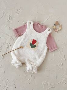2pcs/Set Newborn Baby Girls' Floral Thick Long Sleeve T-Shirt And Fleece Jumpsuit, Winter - White - View 8