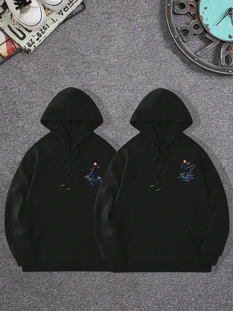 Sudadera con capucha con cordón con estampado de pareja con bolsillo de canguro - Negro - Ver 1