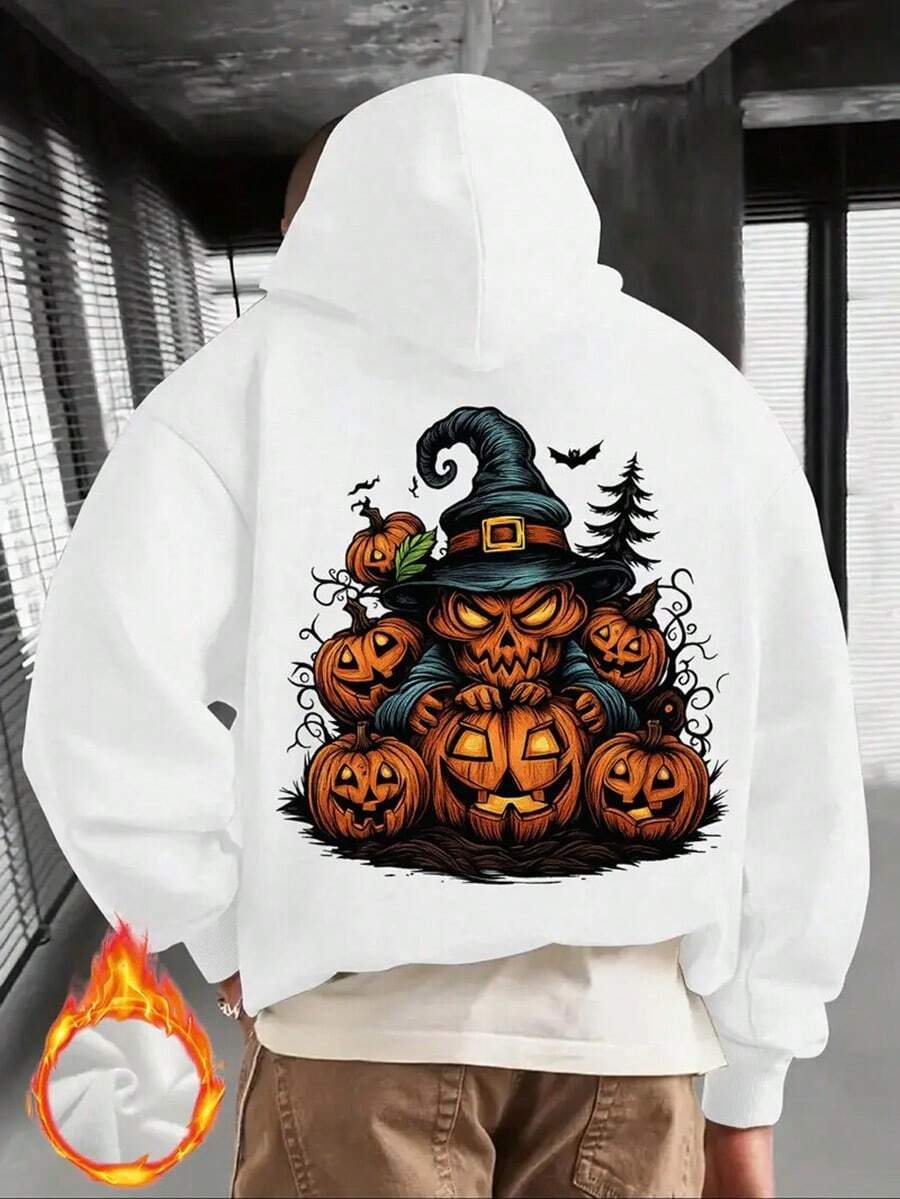 Men's Spooky Jack-O'-Lantern & Witch Hat Print Hooded Sweatshirt - Long Sleeve Loose Fit Pullover With Fleece Lining, Cozy Fall Winter Warmth, Casual Halloween Party Outfit, Pumpkin & Bat Design,Fall Hoodies,Men's Fall Clothes,Street Wear,Halloween,Mens Hoodies,Y2k Clothes,Jesus Hoodie,Thanksgiving Day,Nightmare Before Christmas,Christmas - 白色 - 查看 1