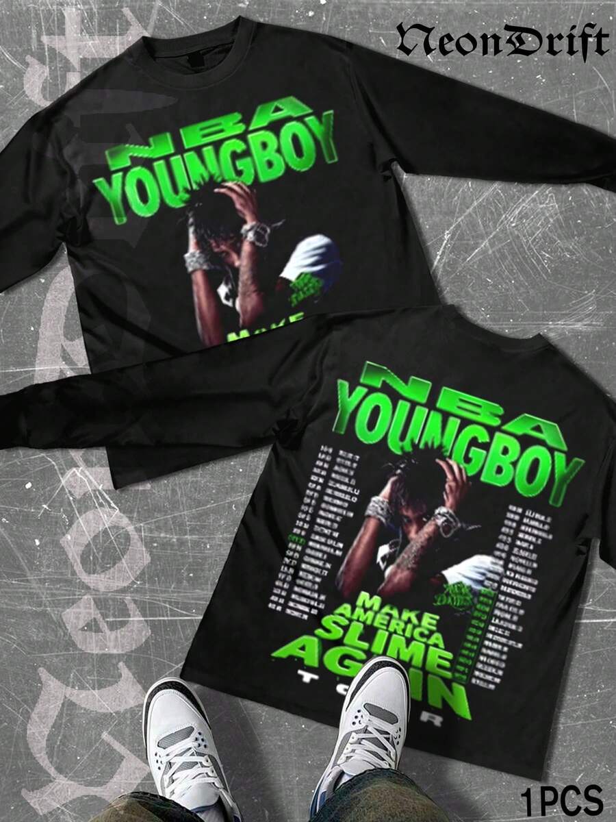 NeonDrift Double-Sided Printing Halloween, Christmas, Thanksgiving Gifts-Vibrant Youngboy Graphic T-Shirt - Bold Neon Green Print, Perfect For Music Fans And Streetwear Enthusiasts, Urban Style Tee - 黑色 - 查看 1