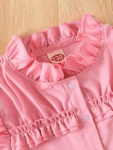 Tween Girls' Fashion Elegant Ruched Frill Trim Fitted Shirt And Black Leather Pleated Skirt Set, Versatile And Stylish Outfit For Girls, Suitable For Spring, Summer, Autumn And Winter Outings And Holidays - Pink - View 6