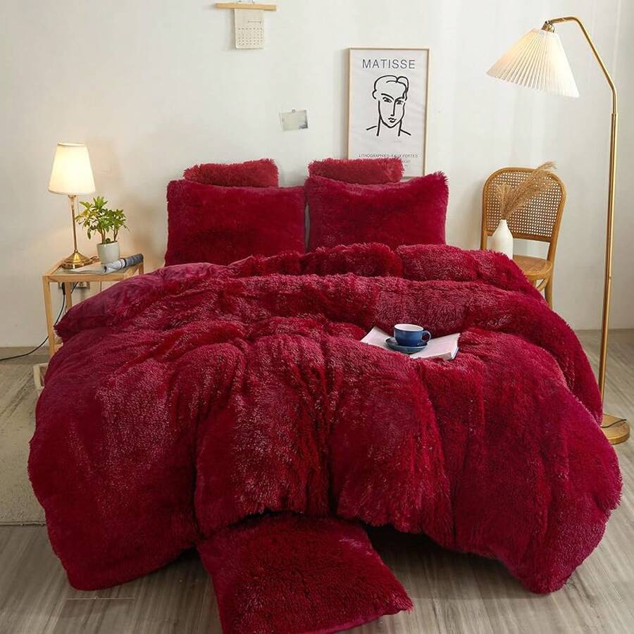 Plush Shaggy Duvet Cover Set, Ultra Soft Fluffy Bedding Sets 3 Pieces (1 Fuzzy Comforter Cover + 2 Pillow Cases), Zipper Close (, Pink), Luxury Bedding - Red - 查看 1
