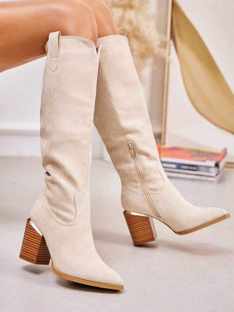 fandelle Women's Pointed Toe Side Zipper Fashion Chunky Heel Tall Boots For Daily Wear - Beige - View 1