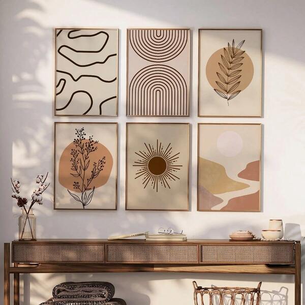 Set Of 6 Unframed Boho Beige Moon Canvas Poster Wall Art Prints For Room Aesthetic Minimalist Abstract Line Art Posters Mid Century Modern For Bedroom Living Room Decor,Ideal Gift Waterproof Canvas Wall Art,Home And Dormitory Decoration