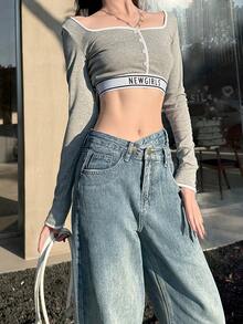 休闲水洗不对称腰阔腿牛仔裤 - 中等水洗藍 - 查看 6