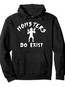 Sudadera con capucha gráfica 'Monsters Do Exist' para hombres - Sudadera negra casual con diseño de monstruo, ajuste cómodo para otoño y primavera, adecuada para senderismo al aire libre y uso casual, comodidad para todas las estaciones, ajuste regular, capucha con cordón, tela duradera - Negro - Ver 1