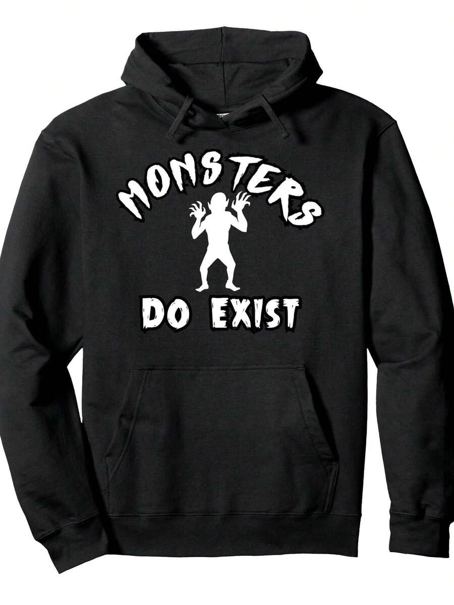Sudadera con capucha gráfica 'Monsters Do Exist' para hombres - Sudadera negra casual con diseño de monstruo, ajuste cómodo para otoño y primavera, adecuada para senderismo al aire libre y uso casual, comodidad para todas las estaciones, ajuste regular, capucha con cordón, tela duradera - Negro - Ver 1