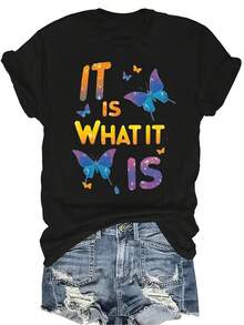 [Camiseta de Moda Casual] Camiseta de mujer suave y cómoda - Camiseta de manga corta de cuello redondo con estampado de citas de mariposa, regalo perfecto para la abuela y la mamá, uso casual de primavera y verano - Negro - Ver 1