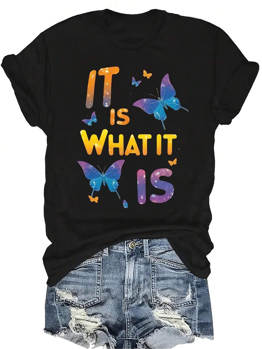 [Camiseta de Moda Casual] Camiseta de mujer suave y cómoda - Camiseta de manga corta de cuello redondo con estampado de citas de mariposa, regalo perfecto para la abuela y la mamá, uso casual de primavera y verano - Negro - Ver 1