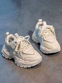 1 Pair Fashion Children's Sports Shoes, PU Leather Patchwork Waterproof Low-Top Thick Sole Non-Slip Running Shoes, Campus Style Boys & Girls Comfortable Casual Shoes, Students Shoes Suitable For All Seasons