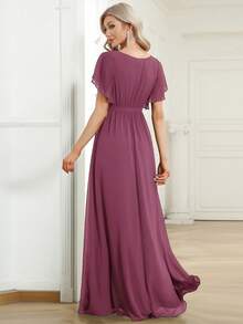 EVERPRETTY Elegant Chiffon Bridesmaid Dress, Long Deep V-Neck Ruffle Sleeve Pleated Waist Wrap Dress - Purple - View 3