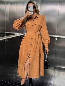 Women's Casual Solid Color Coat Windbreaker Shirt Dress, Fashionable For Commuting And Versatile - Chocolate Brown - View 5