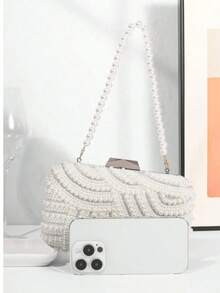 1pc Elegant & Romantic Faux Pearl Wedding/Evening Clutch Bag, Bridal Party Purse, Prom Handbag With Chain - Beige - View 3