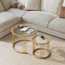 Nesting Coffee Table, 23.6" Round Coffee Table Set Of 2, Glass Nesting Table With Metal Frame, Ceter Tables For Living Room Bedroom Balcony - 金色 - 查看 3