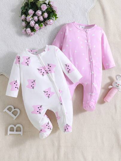 2pcs/Set Baby Girls' Casual Cute Cat & Heart Print Romper, All Season