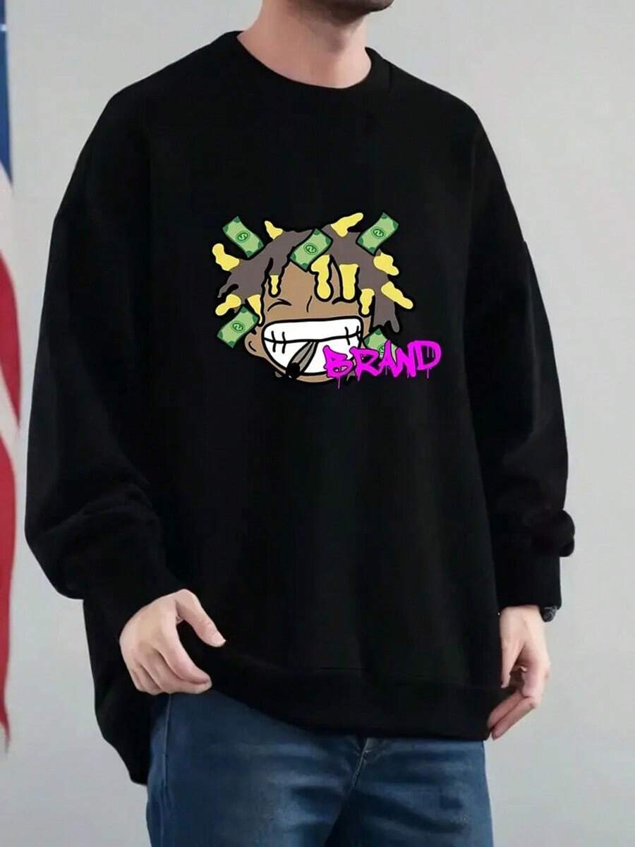 Men'S Oversized Crewneck Sweatshirt - Beige With Money Graphic - Loose Fit Pullover Hoodie For Fall-Winter - Big & Tall Sizes Available,Fall Hoodies,Men's Fall Clothes,Street Wear,Halloween,Mens Hoodies,Y2k Clothes,Jesus Hoodie,Thanksgiving Day,Nightmare Before Christmas,Christmas - Black - View 1