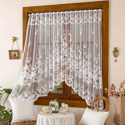 1pc French Romantic Floral Lace Arch Sheer Curtain (Width: 118 Inches Length: 63 Inches) - Large Size, Suitable For Home Decor, Transparent Design Ideal For Living Room, Kitchen And Room Decoration, Perfect Choice For Wedding, Holiday And Party Decoration