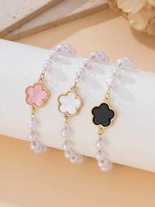 3pcs Women's Fashion Bracelet Set, Beaded Lucky Clover Charm Bracelets In Black, White And Pink, Stylish & Casual, Suitable For Daily Wear And Holiday Gifts - Multicolor - View 1