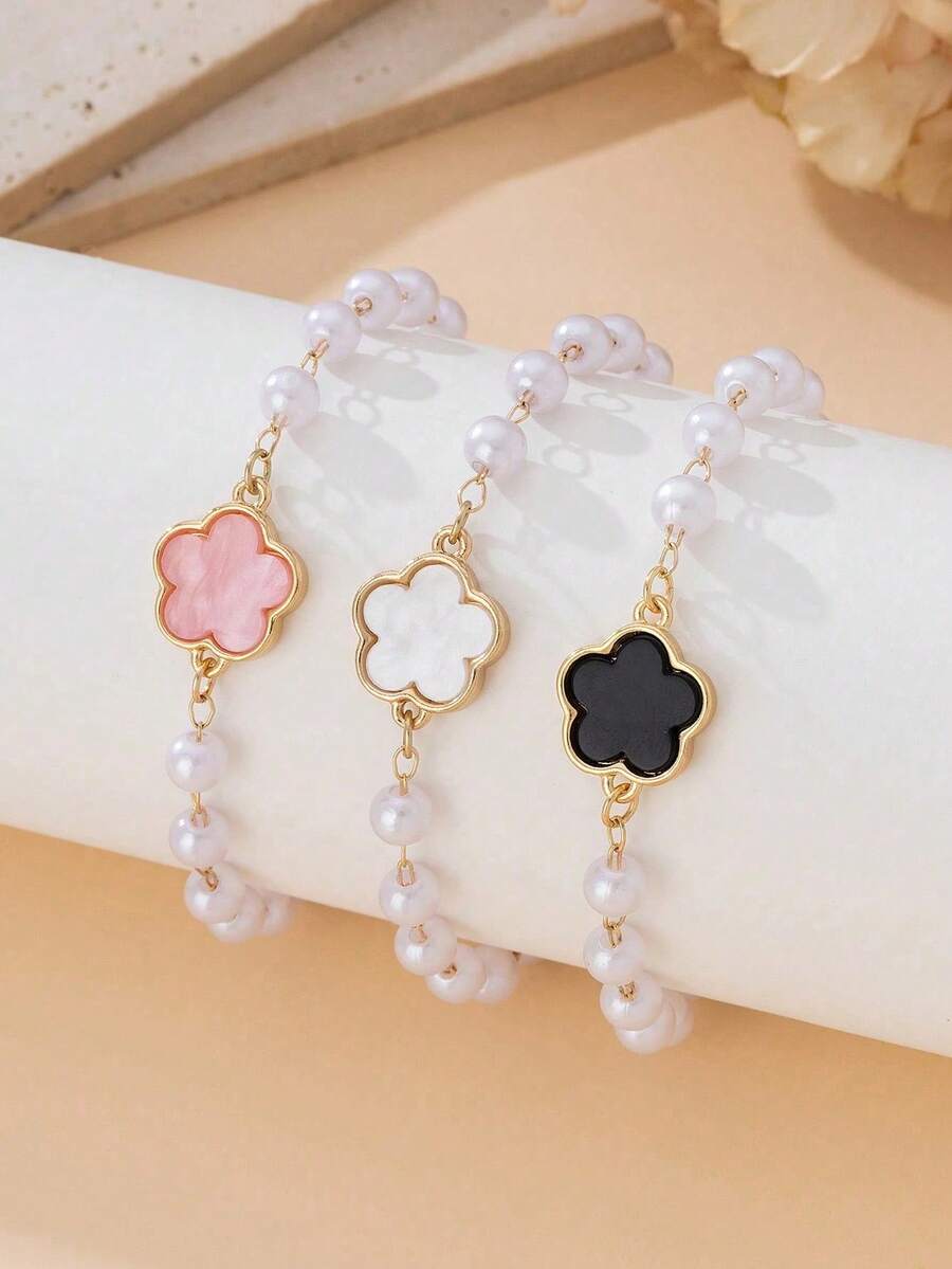 3pcs Women's Fashion Bracelet Set, Beaded Lucky Clover Charm Bracelets In Black, White And Pink, Stylish & Casual, Suitable For Daily Wear And Holiday Gifts - Multicolor - View 1