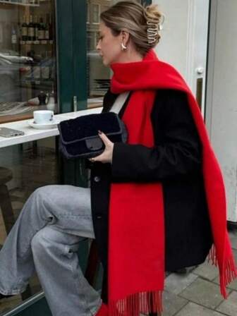 1pc Women's Solid Color Casual Faux Cashmere Scarf, Suitable For Seasonal Transition, Daily Wear, Windproof And Warm, Pashmina Red For Christmas For Dress