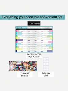 2026 Wall Calendar - Full Year View, 2026 Wall Calendar Suitable For Home, School And Office, 2026 Calendar Planner, Home Organization, Study Supplies, Fashion Planner, Minimalist Design, Durable Paper, Smooth Writing, Monthly Planner, Planning Tool, Home Organization, Office Supplies - Multicolor - View 3