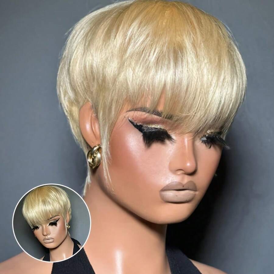 613 Blonde Short Pixie Cut Human Hair Wig With Bangs Layered Straight Style 180% Density Brazilian Remy Human Hair Blonde Laceless Design For Women Versatile For Music Festival Mother's Day Carnival Valentine's Day Halloween All Saints' Day Christmas Day Cosplay Spring Summer Autumn Winter Local Warehouse Wear And GO New Product Discounts Wigs - Gold - View 1