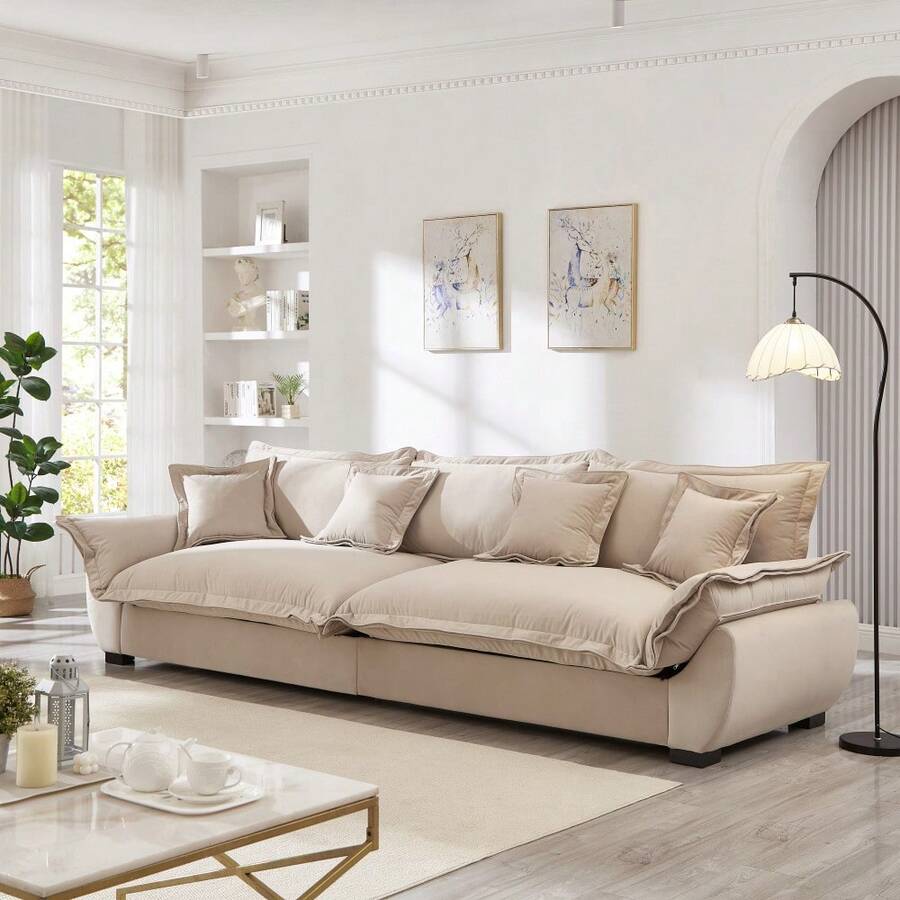 Modular Sectional Sofa, Sailing Design Sofa With Storage, Removable Backrest, Modern Deep Seat Sofa With Throw Pillows For Living Room Bedroom Apartment,Light Khaki - 淺卡其色+天鵝絨+3座+泡沫 - 查看 1