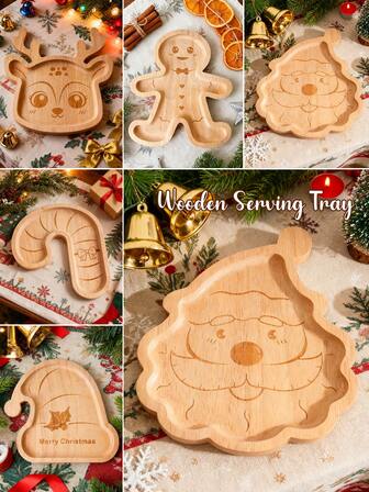 1Pc Christmas Wood Serving Platters Wooden Trays Side Dish Serving Trays Tabletop Serving Platters, Christmas Table Decorations, Appetizer Tray Sushi Serving Tray, Snack Dessert Candy Dish, Dessert Plates Snack Appetizer Platter For Restaurant Home