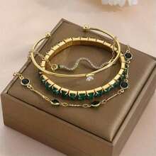 New 4pc Stylish, Vintage & Elegant Snake-Shaped Crystal Bracelet Set - With Green Elastic Claw Chain & Open-Design Bangle