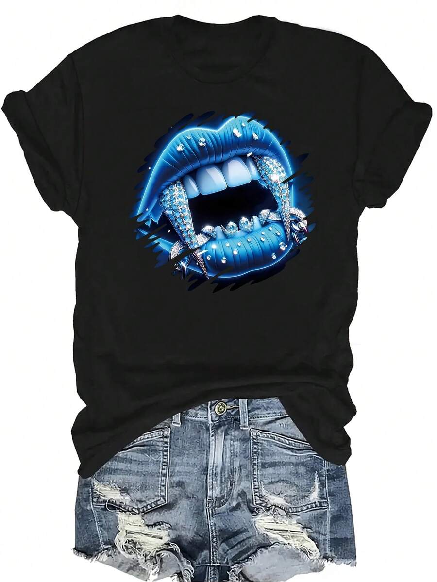 [Camiseta de moda casual] Camiseta suave y cómoda para mujer - Boca de monstruo azul brillante Casual de manga corta y cuello redondo, regalo perfecto para la abuela y la mamá, uso casual de primavera y verano - Negro - Ver 1