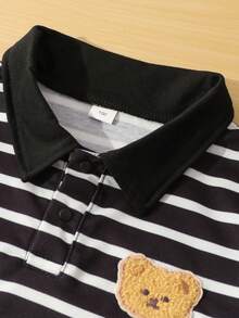 2 pezzi Set di polo a righe con stampa orsetto e pantaloni a righe, stile casual minimalista, adatto per attività all'aperto, completo adorabile per bambini, 3-7 anni