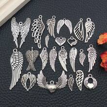 22 件混合天使翅膀羽毛朋克饰品合金心形天使翅膀饰物吊坠连接器适用于 DIY 珠宝制作工艺配件 - 復古銀色 - 查看 3