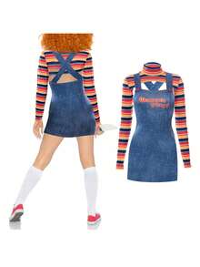 Halloween Scream Costume For Women Creepy Killer Doll Costume Long Sleeve Rainbow Tops Overall Skirt Set